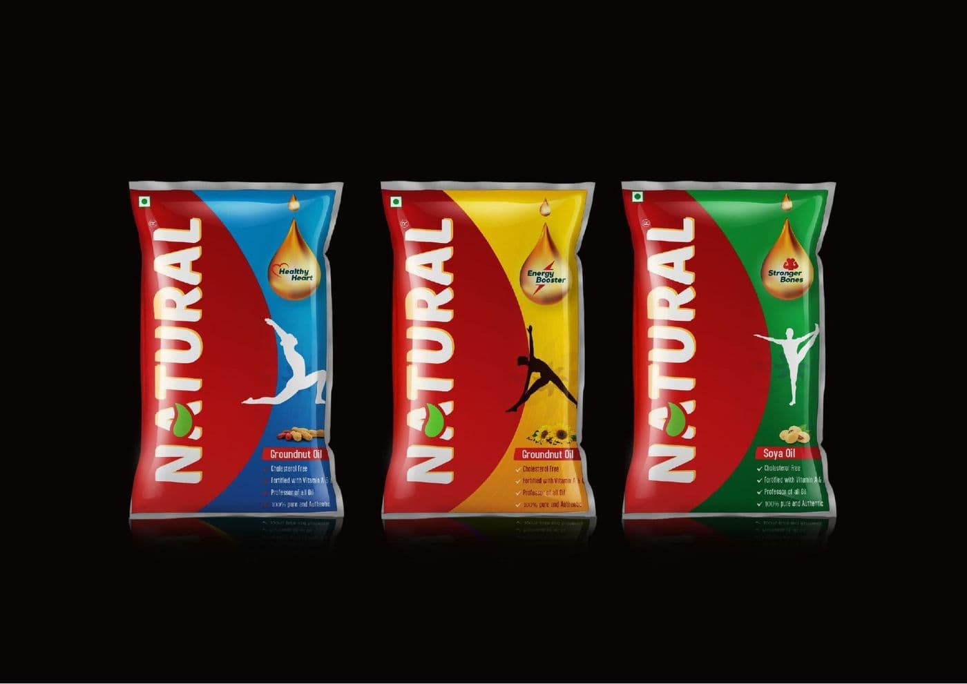 Filled confectionery packaging in three variants showing cutaway product photography