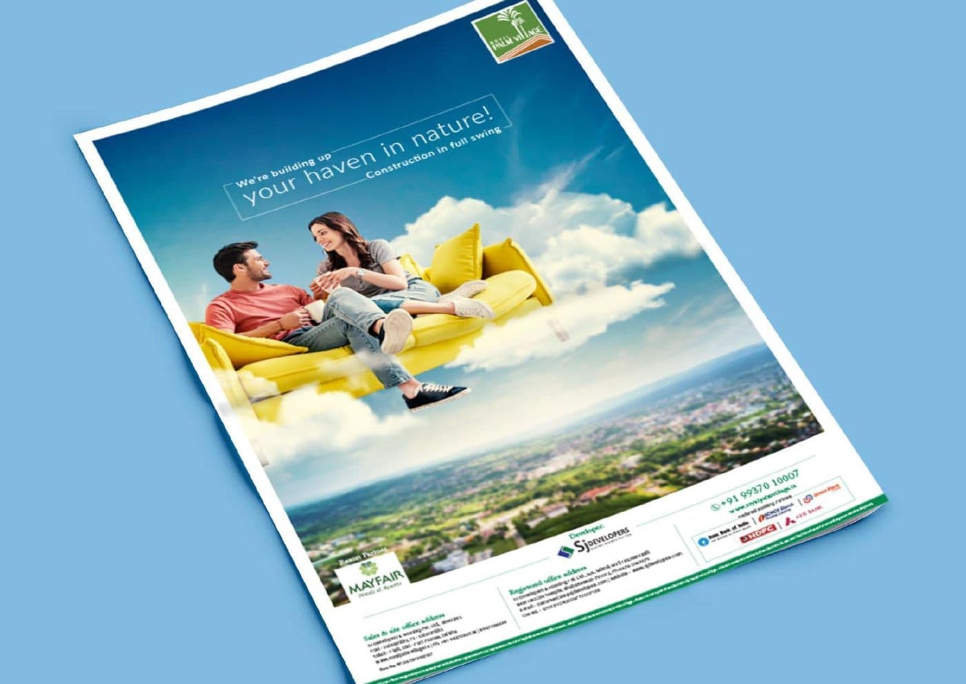 Full-page residential property press advertisement built around an open-sky lifestyle image