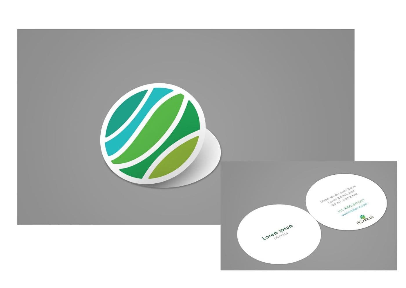 A gradient brand mark presented beside its business card application