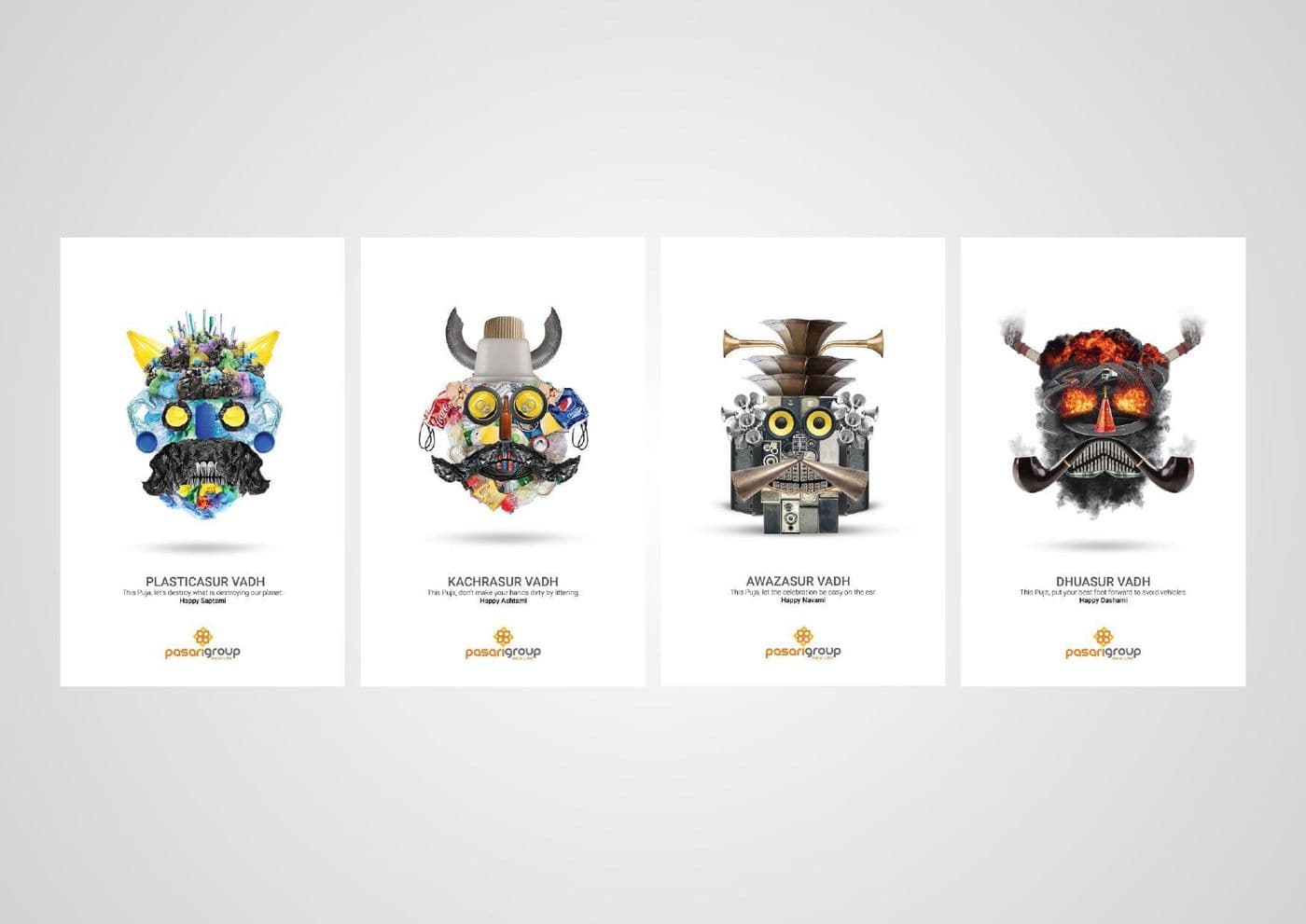 A series of four illustrated character masks presented as a poster set