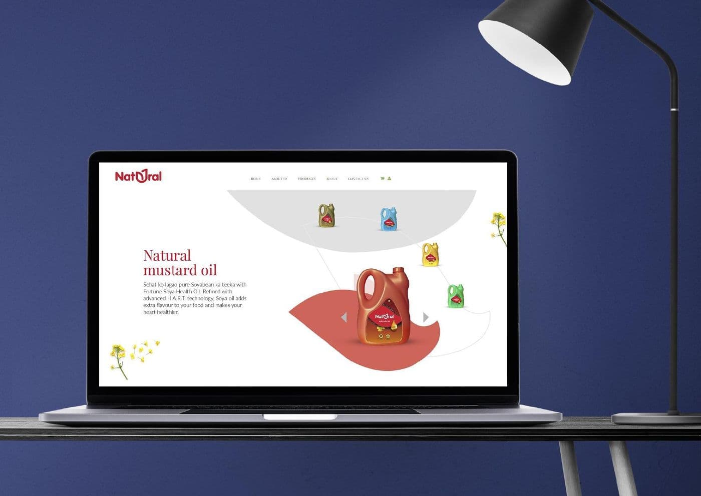 An illustrated mustard oil brand website shown on a laptop mockup