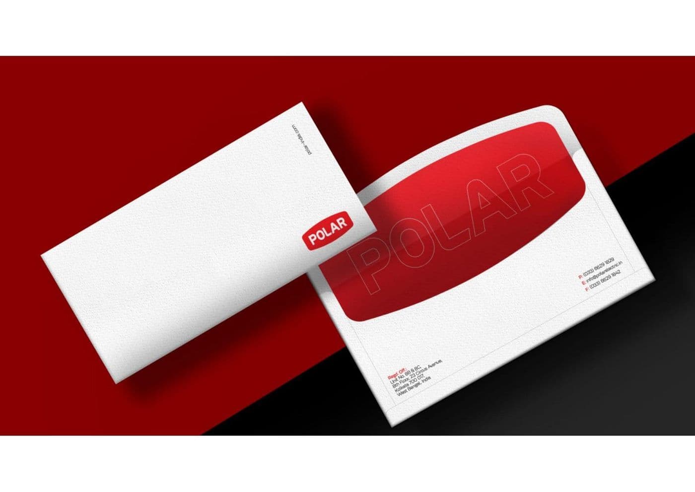 Polar corporate stationery showing branded envelope and printed collateral