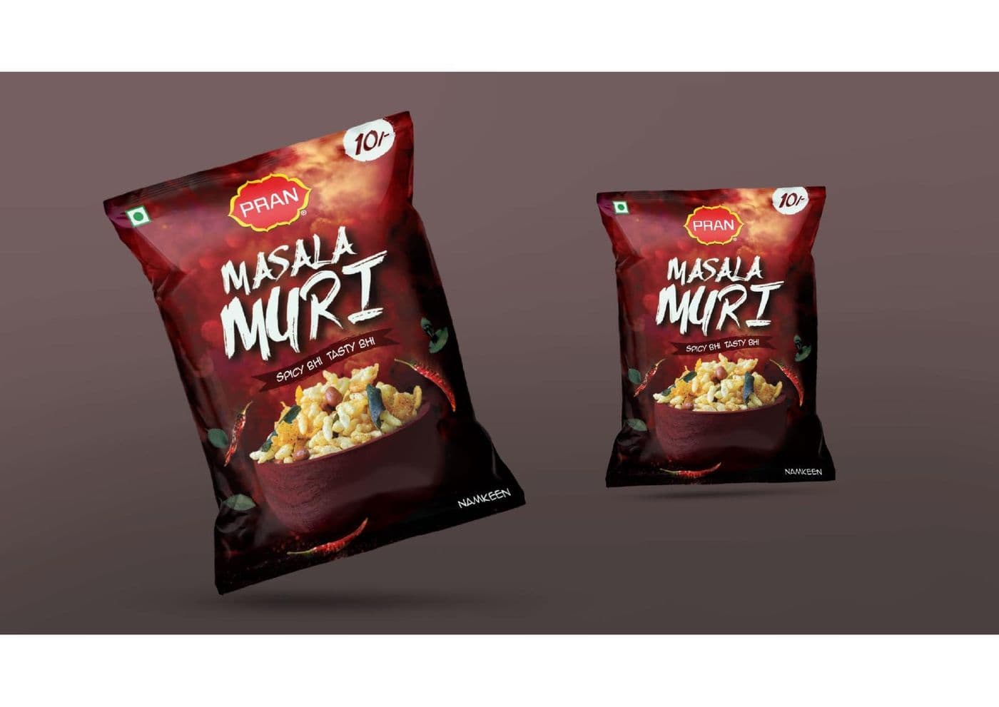 PRAN Masala Muri and Masala Chidwa snack packaging shown as a two-product range