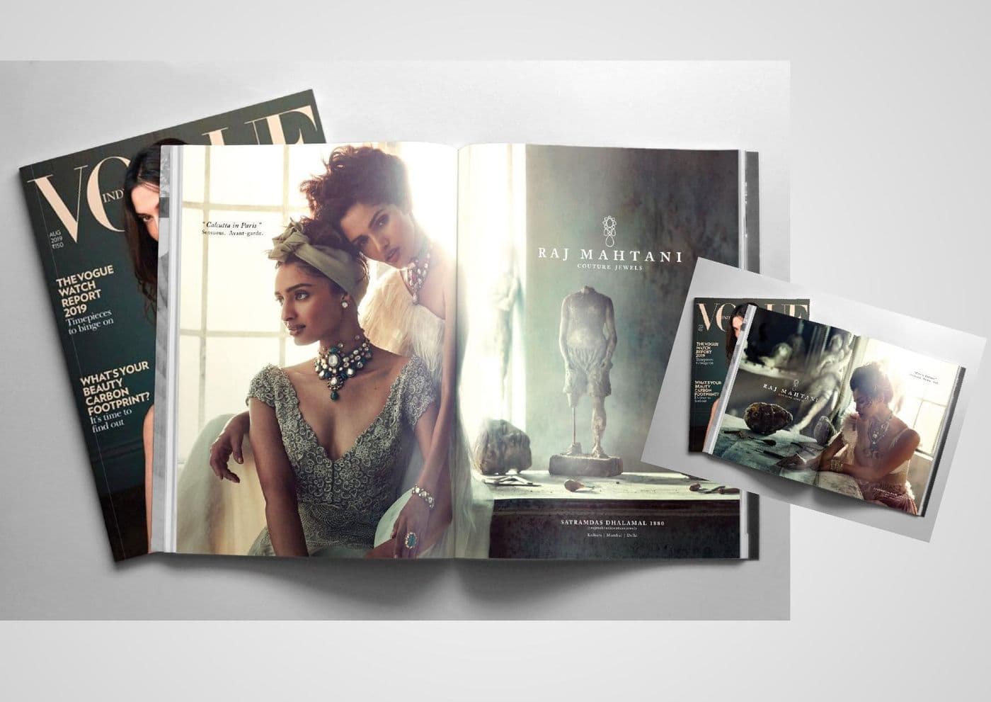 Raj Mahtani jewellery editorial spread laid out across facing magazine pages