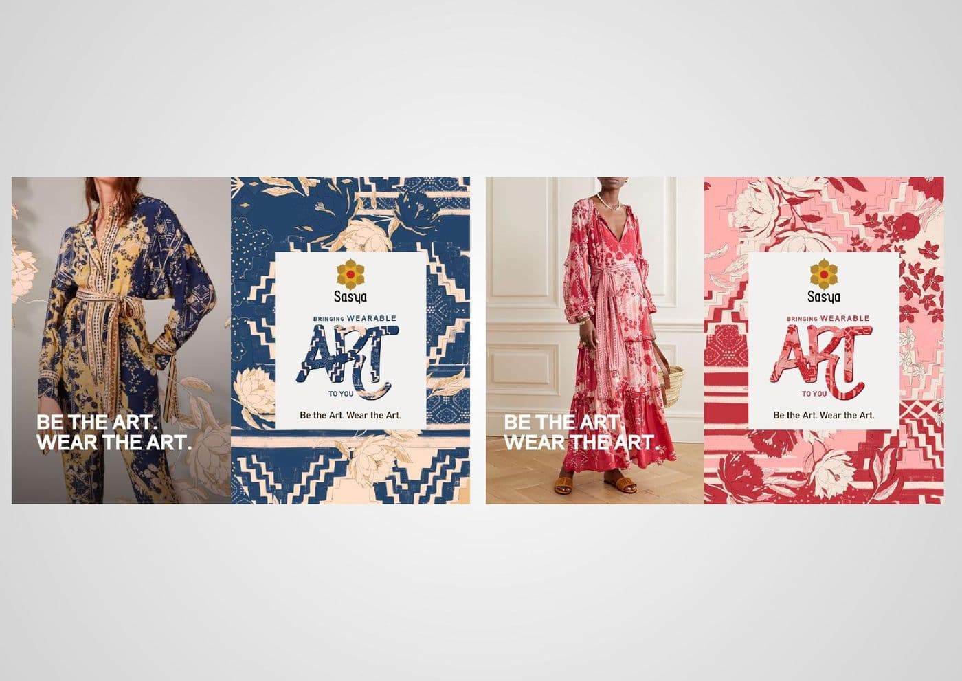 Sasya campaign posters in three colourways sharing one typographic lockup