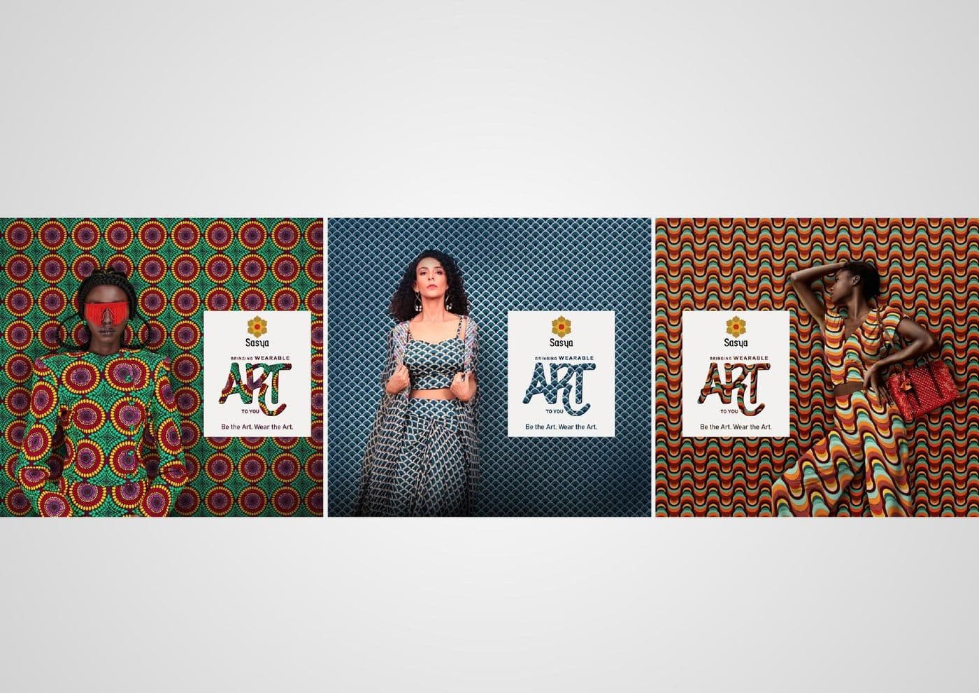 Sasya brand pattern suite showing textile prints applied across brand collateral