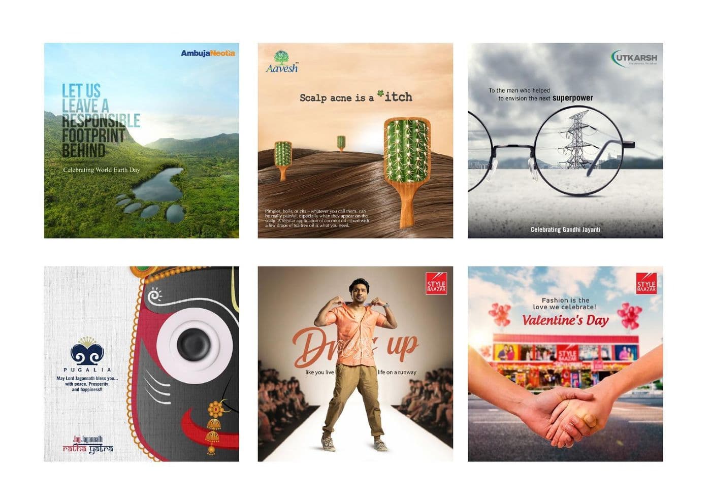 A social media content grid showing nine coordinated posts across several brands