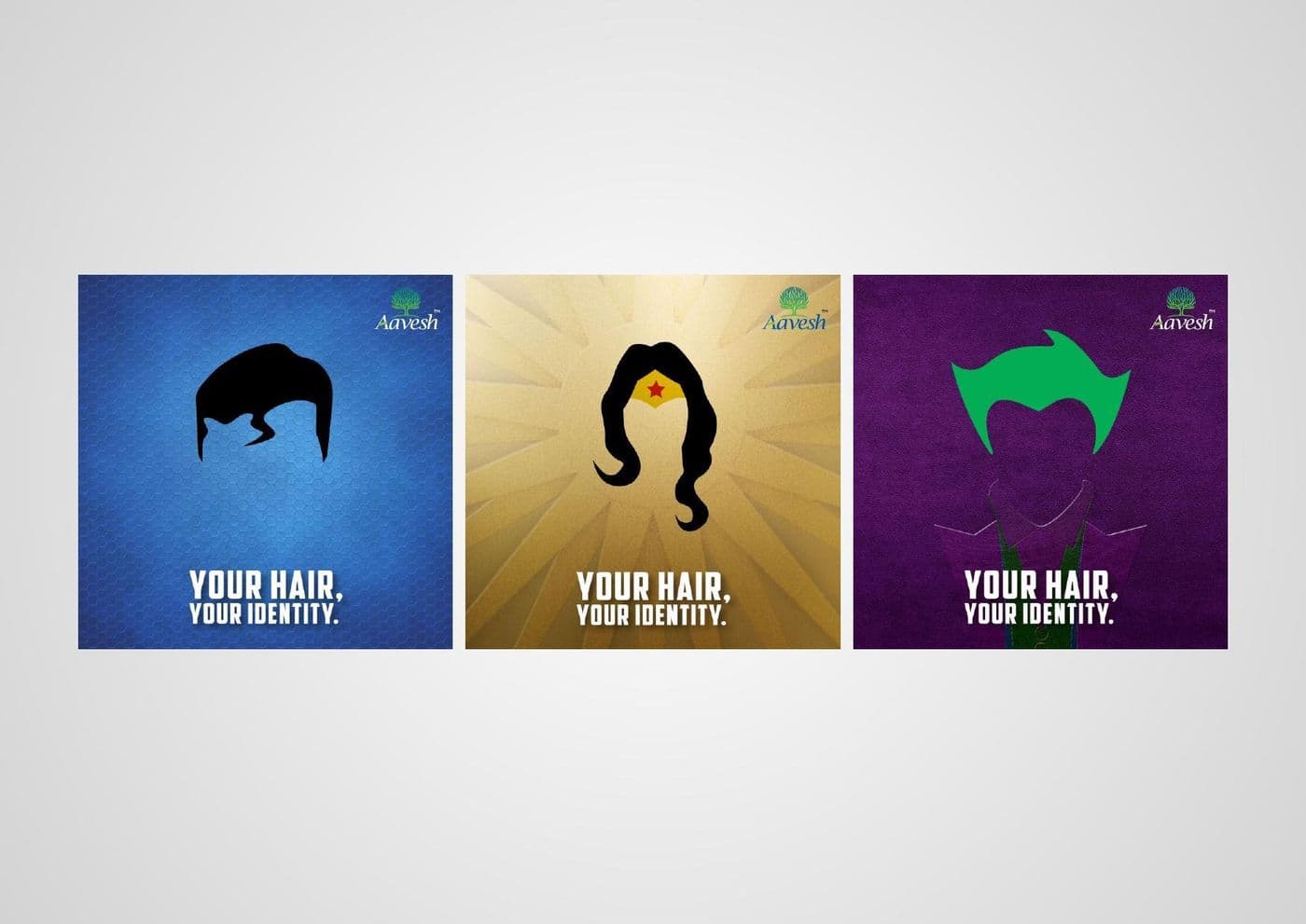 'Your Hair, Your Identity' campaign posters using hairstyle silhouettes on flat colour
